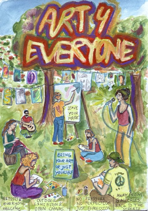 Hand-painted Art 4 Everyone poster: people drawing, painting, playing guitar and singing in a park, with artworks pegged on a line strung between the trees.